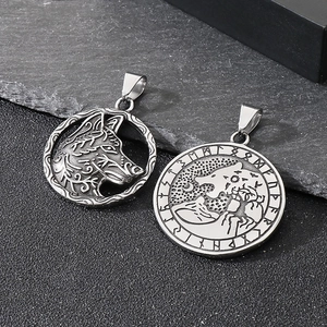 Vintage stainless steel Viking wolf head pendant and moon engraved round medallion necklace