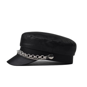Classic black PU leather baker boy hat with multi-layer silver chain and flat top design