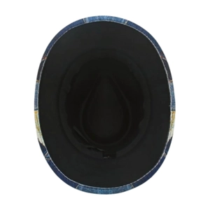 Close-up of a western cowboy hat featuring blue denim fabric and contrast white stitching