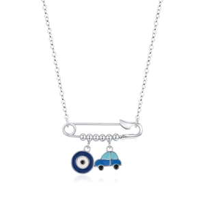 S925 sterling silver paperclip necklace with blue evil eye and car charms on white base