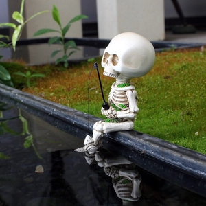 Fishing skeleton figurine resin ornament for Halloween garden and flower pot decoration