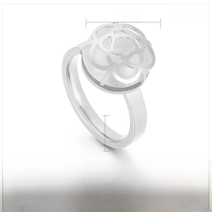 Detail view of 12mm camellia steel ring with white tiger eye stone and dimensions