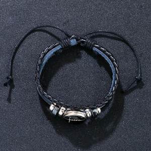 Braided black leather faith bracelet with silver beads and adjustable sliding knot