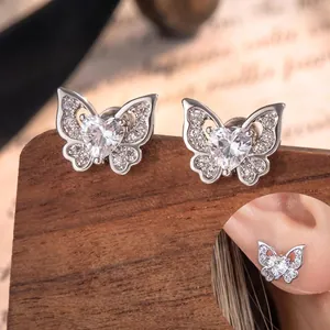 Butterfly heart zircon stud earrings with double-ended screw back in polished titanium steel