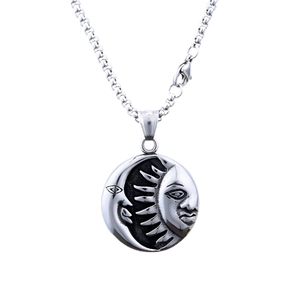 Punk style silver stainless steel necklace with round sun and moon relief pendant