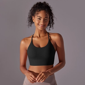 Close-up of black strappy sports bra with U-neck design and high-elastic nylon fabric