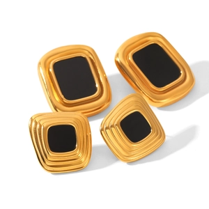 Retro geometric black and gold stainless steel earrings with vintage minimalist design