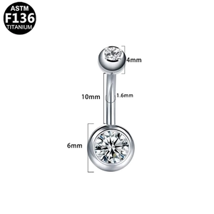 Detailed specs of ASTM F136 titanium belly ring with silver zircon measurements