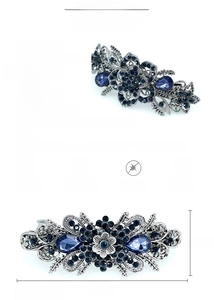 Détails d'une pince à cheveux rétro avec fleurs en strass et mesures de l'accessoire