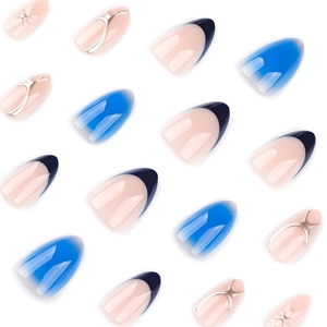 Blue gradient almond press-on nails with silver metal lines and French tip designs