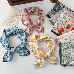 Women's Pastoral Floral Cotton Linen Square Scarf Korean Print Small Neckerchief With Lace Trim Decorative Neck Scarf