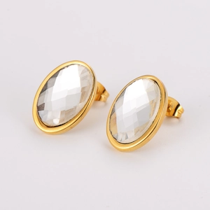 Minimalist stainless steel oval glass stud earrings with gold plating on white background