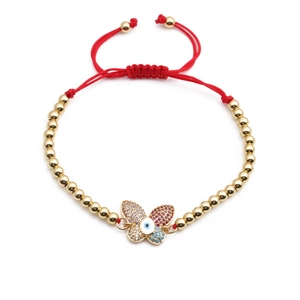 Adjustable red rope bracelet with a gold butterfly pendant and colorful zircon stones