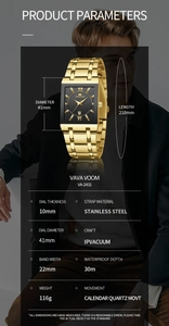 Detailed specs of the gold stainless steel watch featuring a black dial and calendar