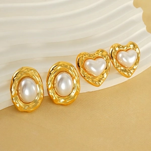French vintage gold heart and oval earrings with pearls and hammered texture