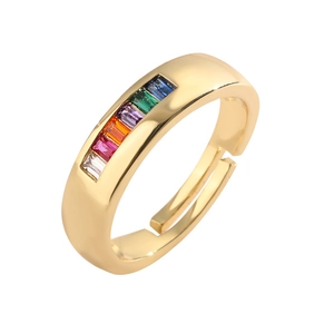 Bohemian gold open ring featuring a row of vibrant multicolor rectangular gemstones