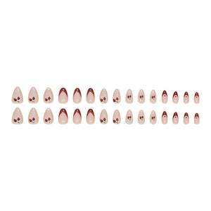 Faux ongles amande avec motifs cerises rouges, perles blanches, ensemble de 24 pièces
