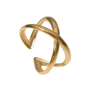 Adjustable cross-line stainless steel ring in gold finish from a 45-degree angle