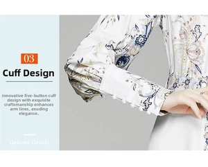 Détail de manches bouffantes élégantes avec cinq boutons blancs et motifs floraux paisley