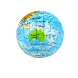 Detailed close-up of earth pattern foam stress ball with English world map geography labels