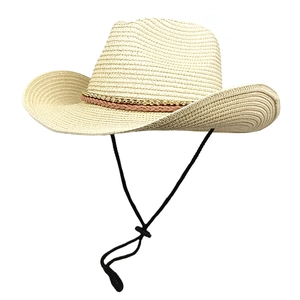 Western Cowboy Straw Hat Wide Brim Sunshade Breathable With Adjustable Wind Lanyard Decorative Beads Bohemian For Women Men