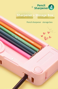 Pink multi-functional pencil case detail with built-in sharpener and tape cutter function
