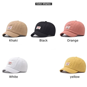 Short brim embroidered baseball caps shown in khaki, black, orange, white and yellow colors