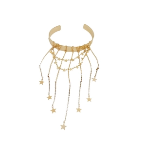 Gold star tassel open arm cuff bracelet with elegant metallic fringe pendants