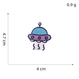 Detailed view of a UFO embroidery patch with exact dimensions 4.7cm x 4cm and 0.9g weight