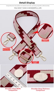 Close-up of thick adjustable geometric woven bag strap with gold metal hooks and buckle