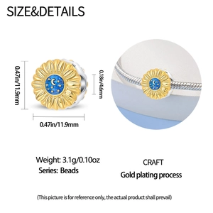 Detailed view of sunflower bead with gold plating, blue enamel, and moon star pattern
