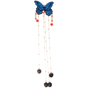 Pince à cheveux papillon bleu brodé avec pampilles en métal perlé style New Chinese