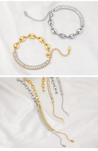 Macro shot of titanium steel coffee bean chain with cubic zirconia and K18 engraving