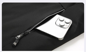 Detail of a large zipper pocket on a men's winter jacket fitting a smartphone