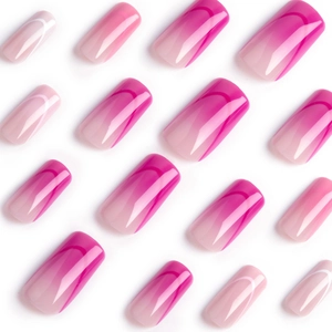 Long pink purple gradient press-on nails with four-line French patterns on white background