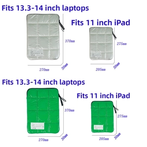 Quilted laptop sleeve dimensions showing sizes for 11-inch iPad and 14-inch notebooks
