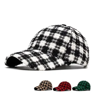 Women's houndstooth wool baseball cap set in black and white tweed with curved brim