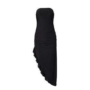 Close-up of black off-shoulder maxi dress with ruffled trim and side ruched detailing