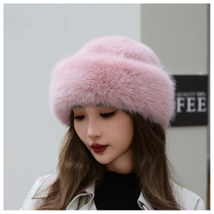 Detail of pink faux fur winter hat showing the soft texture and thick fluffy material