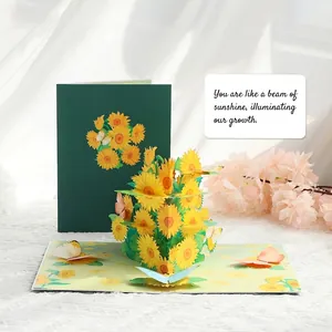3D pop-up sunflower greeting card with dark green envelope and floral decorations