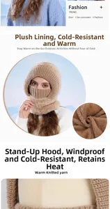 Detail of warm beige knitted hat featuring thick fleece lining and integrated face mask