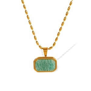 Golden bead chain necklace with rectangular green amazonite pendant in polished steel
