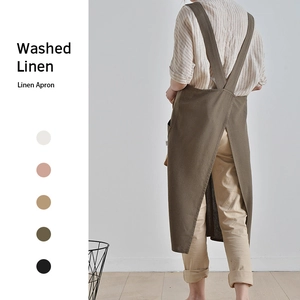 Japanese minimalist washed linen apron with cross back design and color swatches