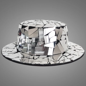 Detail of silver disco mirror bucket hat showing shiny reflective tiles for party
