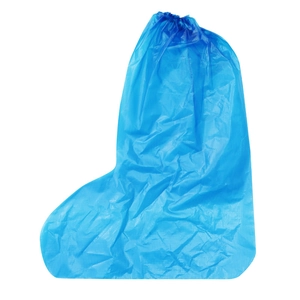 Waterproof blue disposable tall shoe covers with elastic top and anti-slip plastic texture