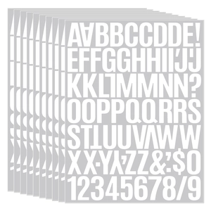 Detailed stack of 10 sheets white vinyl letter and number stickers for DIY crafts
