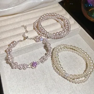 Three-layer zircon pearl geometric bracelet with pink gemstone and adjustable silver clasp
