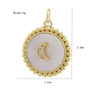 Close-up of heart shell pendant with gold crescent moon and size specs (2.3x1.7cm)