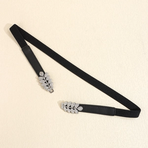 Black elastic waist belt with silver leaf metal buckles and premium PU leather details