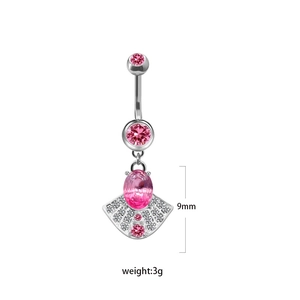 Silver belly ring with pink zircon heart pendant and dangling fan-shaped gemstone detail